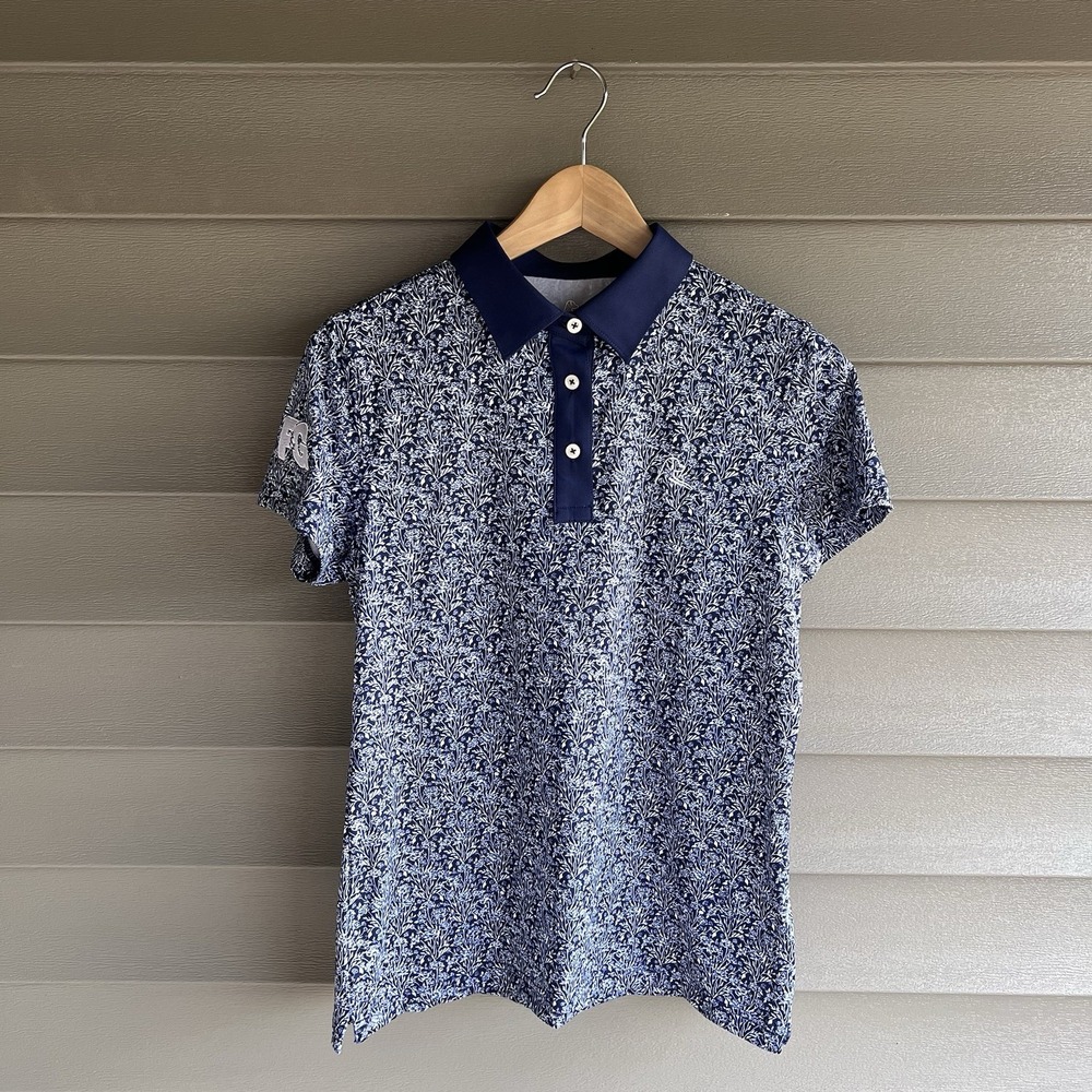 Rhoback Performance Golf Polo Woman's Navy Blue White Floral Print Short Sleeve